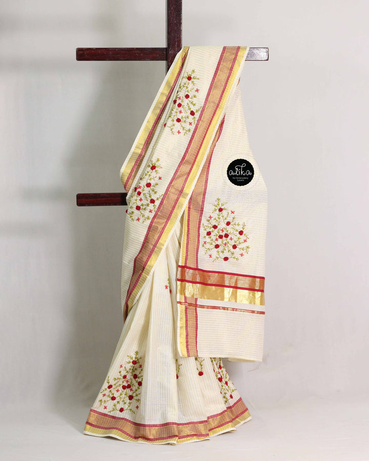 Cream Kerala Kasavu Saree with Red Floral Hand Embroidery &amp; Bead Work