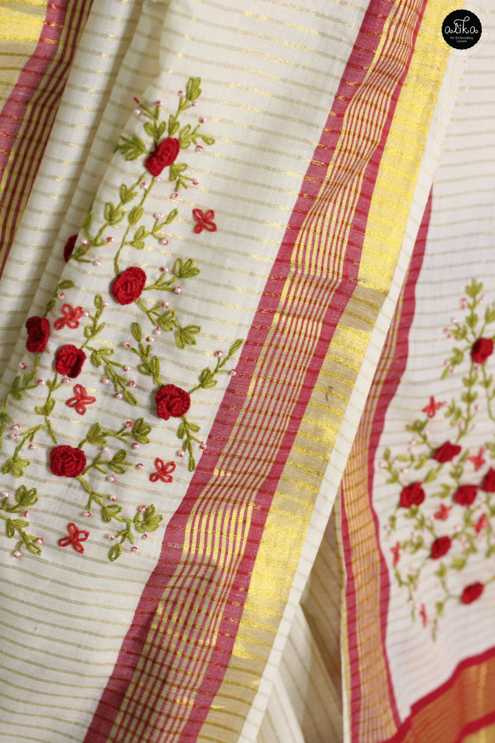 Cream Kerala Kasavu Saree with Red Floral Hand Embroidery &amp; Bead Work