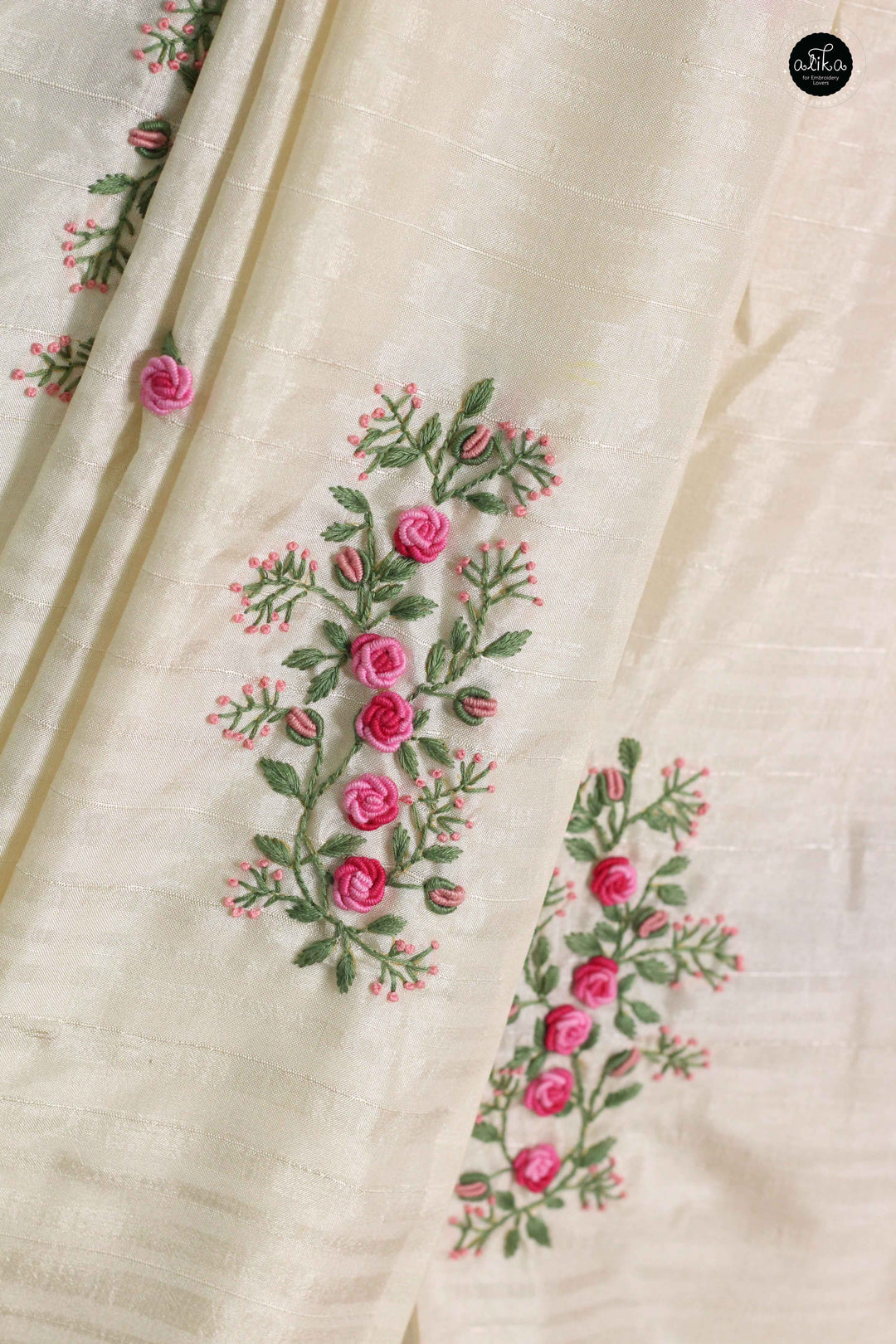 Cream Designer Silk Saree with Floral Hand Embroidery