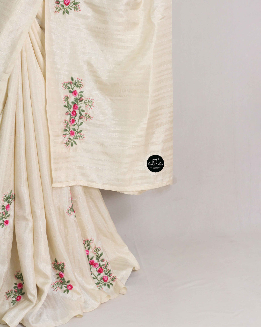 Cream Designer Silk Saree with Floral Hand Embroidery