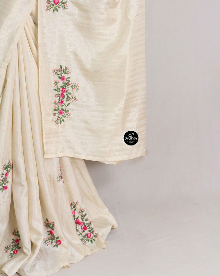 Cream Designer Silk Saree with Floral Hand Embroidery