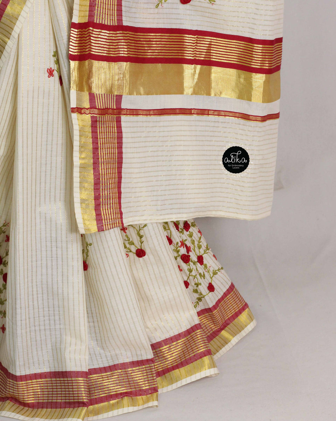 Cream Kerala Kasavu Saree with Red Floral Hand Embroidery &amp; Bead Work