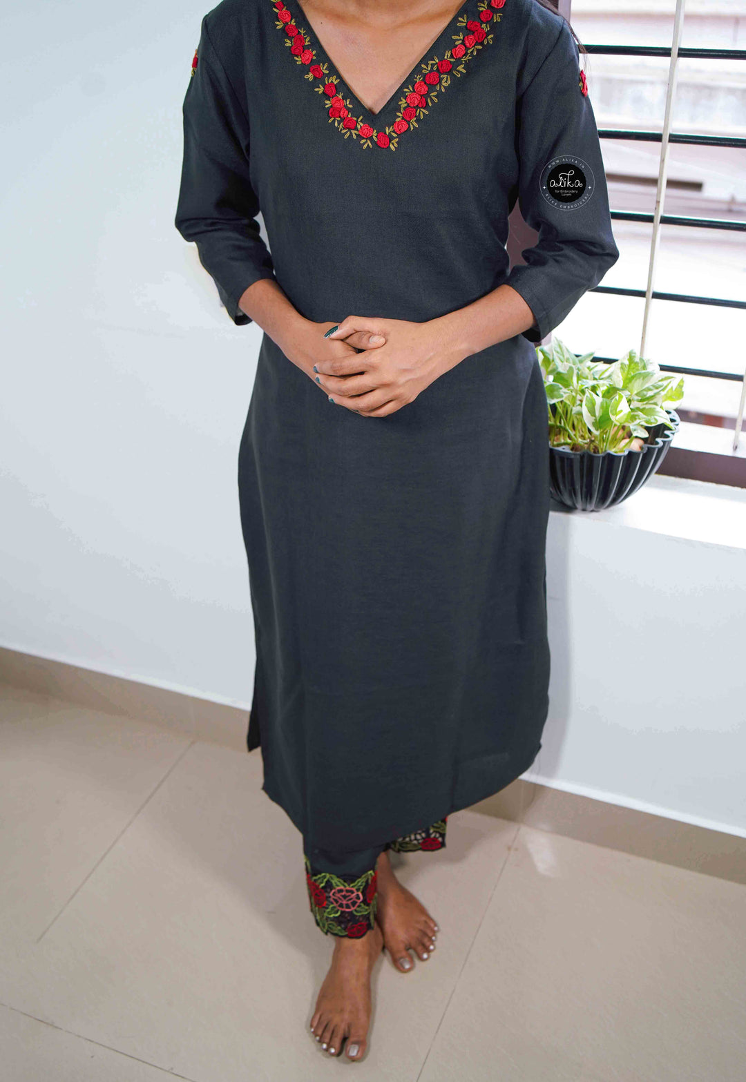 Black Semi Linen Salwar Bottom with Floral Cutwork Border