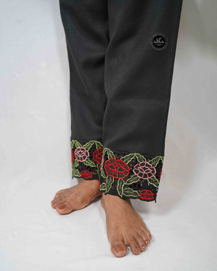 Black Semi Linen Salwar Bottom with Floral Cutwork Border