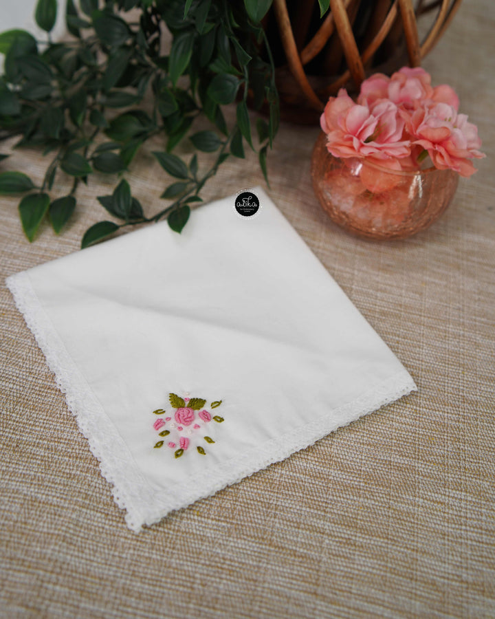 White Pure Cotton Kerchief with Floral Hand Embroidery