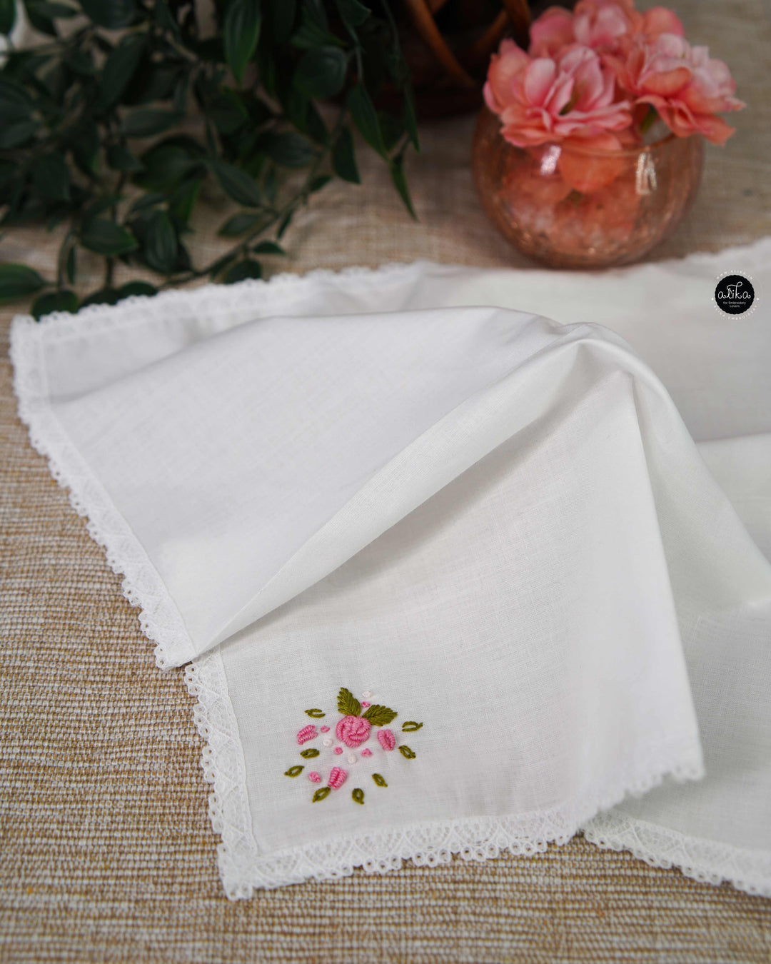 White Pure Cotton Kerchief with Floral Hand Embroidery