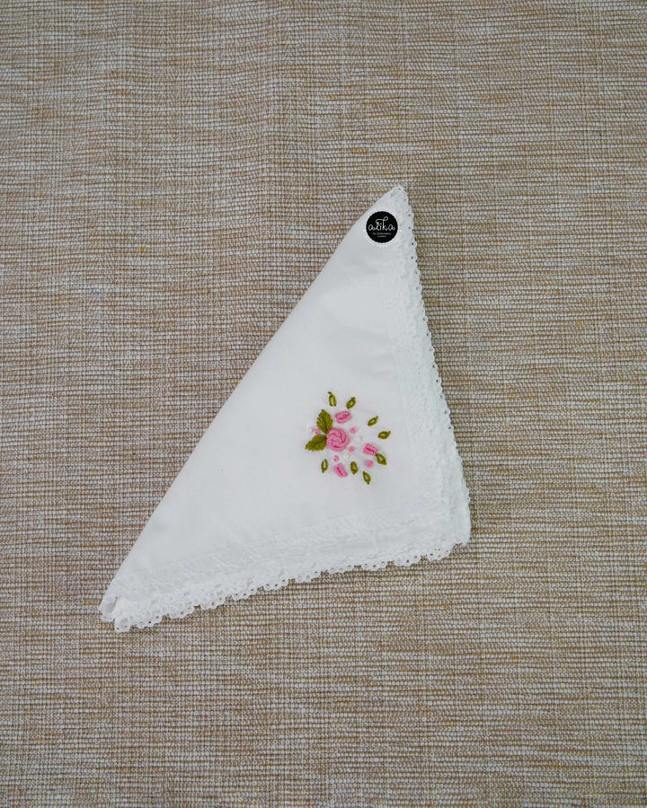 White Pure Cotton Kerchief with Floral Hand Embroidery