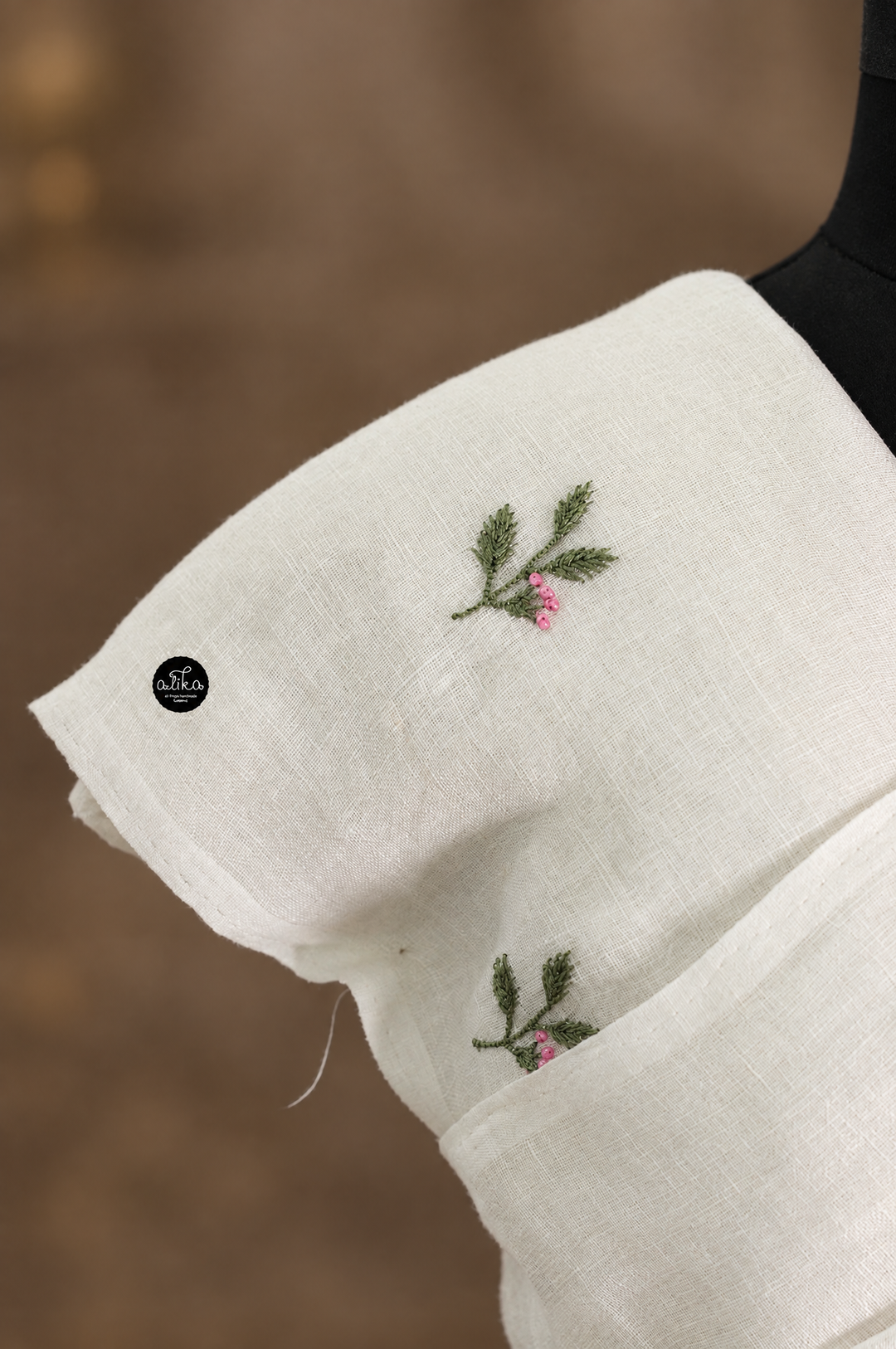 White Pure Linen Saree with Floral Embroidery