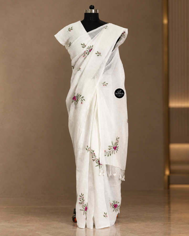 White Pure Linen Saree with Floral Embroidery