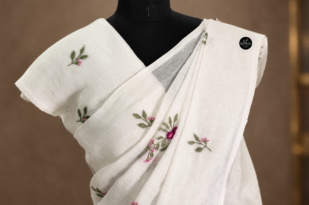 White Pure Linen Saree with Floral Embroidery