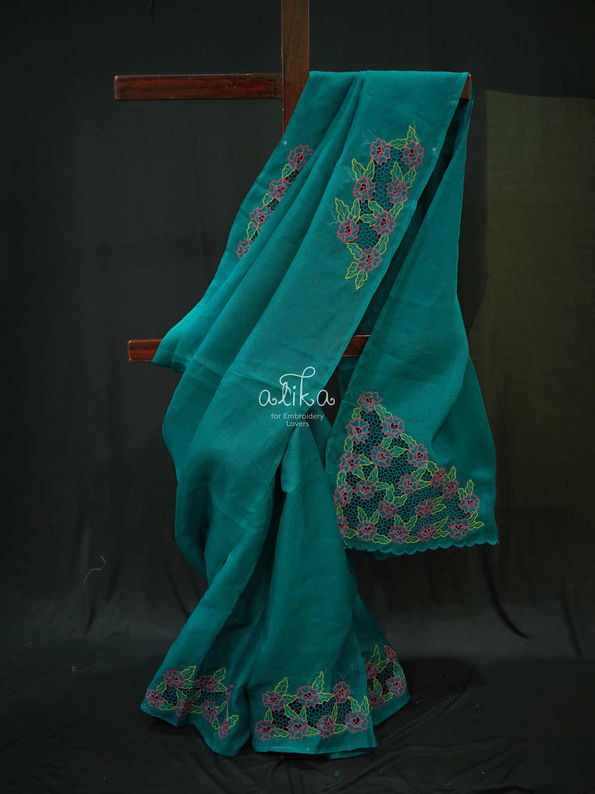 BLUE JUTE NETSAREE WITH TWINE CUTWORK AND FLORAL MACHINE EMBROIDERY