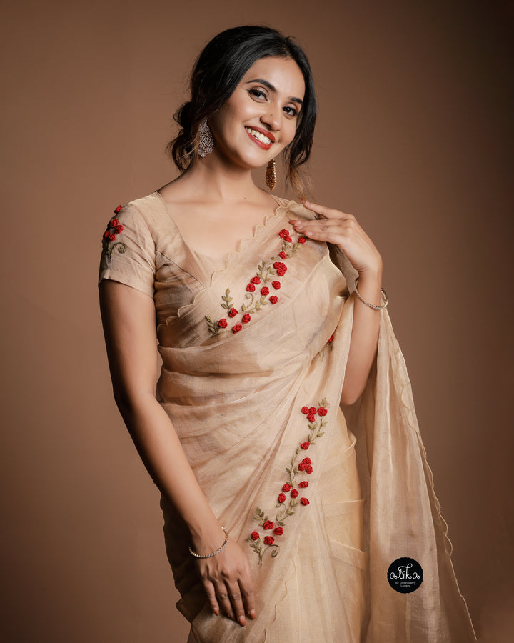 Pure golden tissue Saree with floral hand embroidery