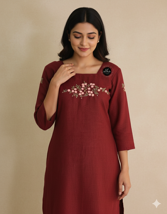 Elegant Maroon Semi-Linen Stitched Kurta with Hand-Embroidered Floral Detailing – Festive & Ethnic Wear for Women