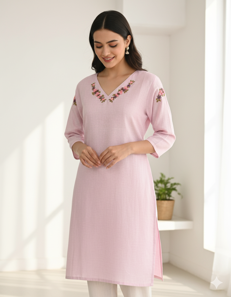 Pale Lavender Semi-Linen Stitched Kurta with Hand-Embroidered Floral Detailing