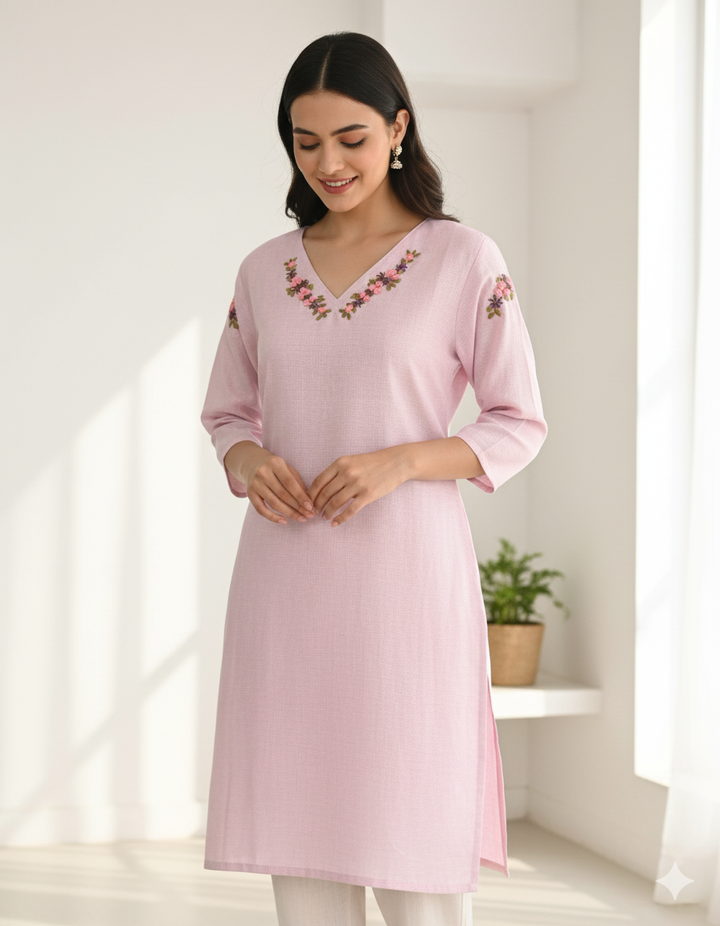 Pale Lavender Semi-Linen Stitched Kurta with Hand-Embroidered Floral Detailing