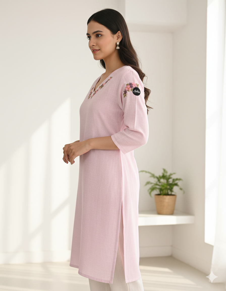 Pale Lavender Semi-Linen Stitched Kurta with Hand-Embroidered Floral Detailing