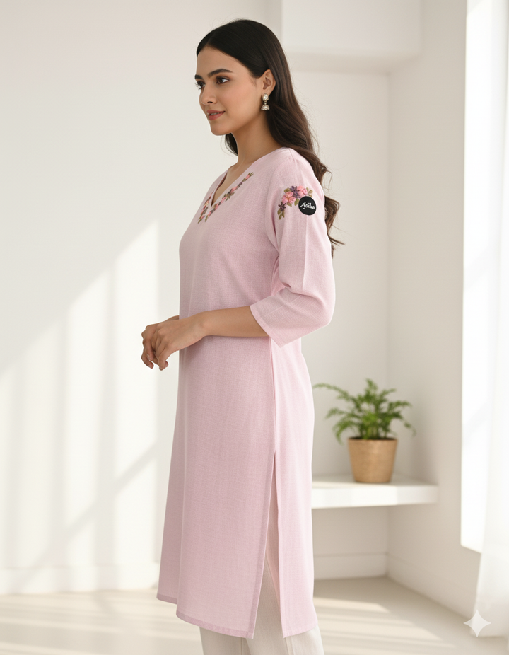 Pale Lavender Semi-Linen Stitched Kurta with Hand-Embroidered Floral Detailing