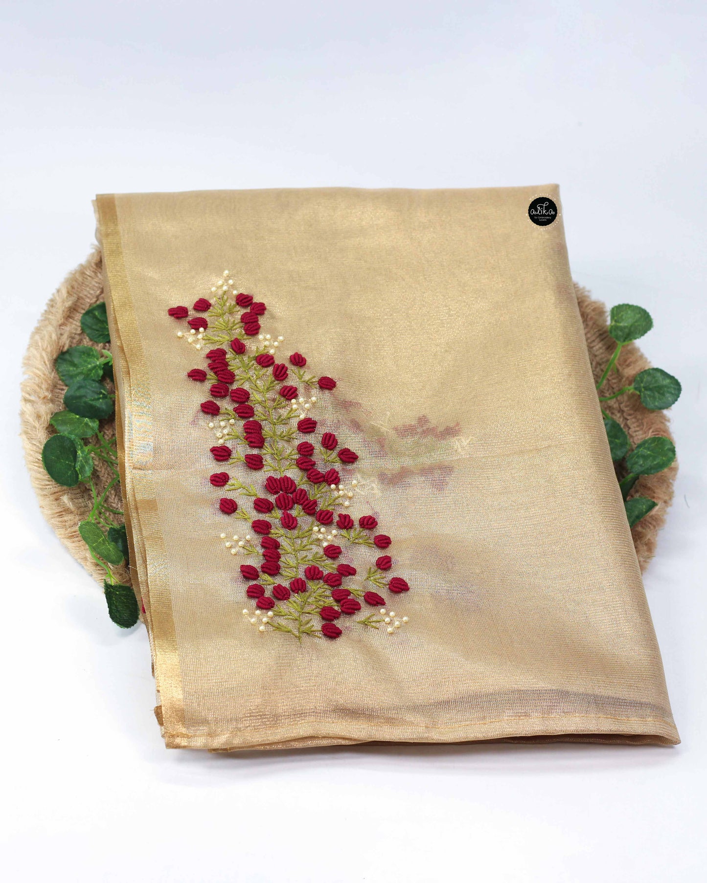 Golden Tissue Saree with Maroon Floral Embroidery and Bead Work