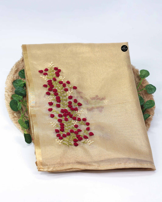 Golden Tissue Saree with Maroon Floral Embroidery and Bead Work