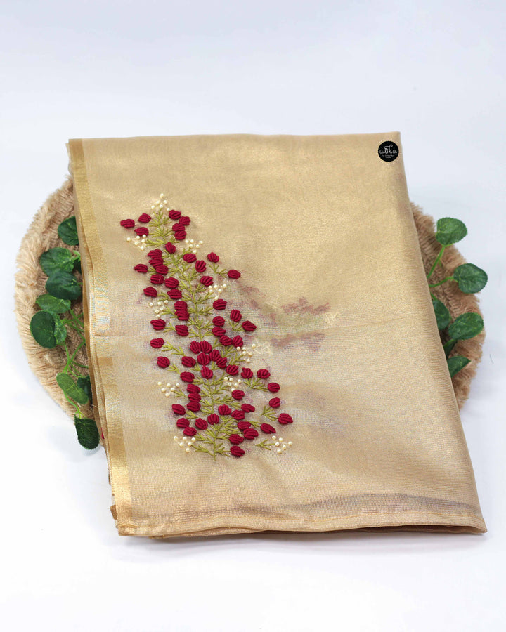 Golden Tissue Saree with Maroon Floral Embroidery and Bead Work