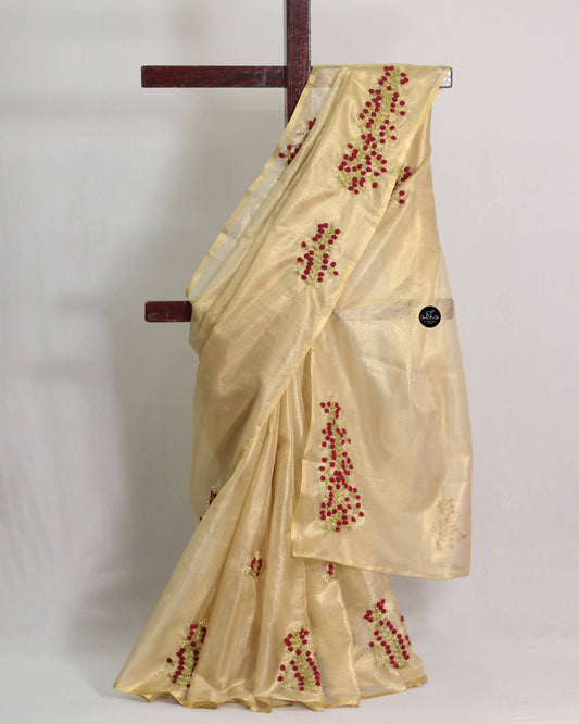 Golden Tissue Saree with Maroon Floral Embroidery and Bead Work