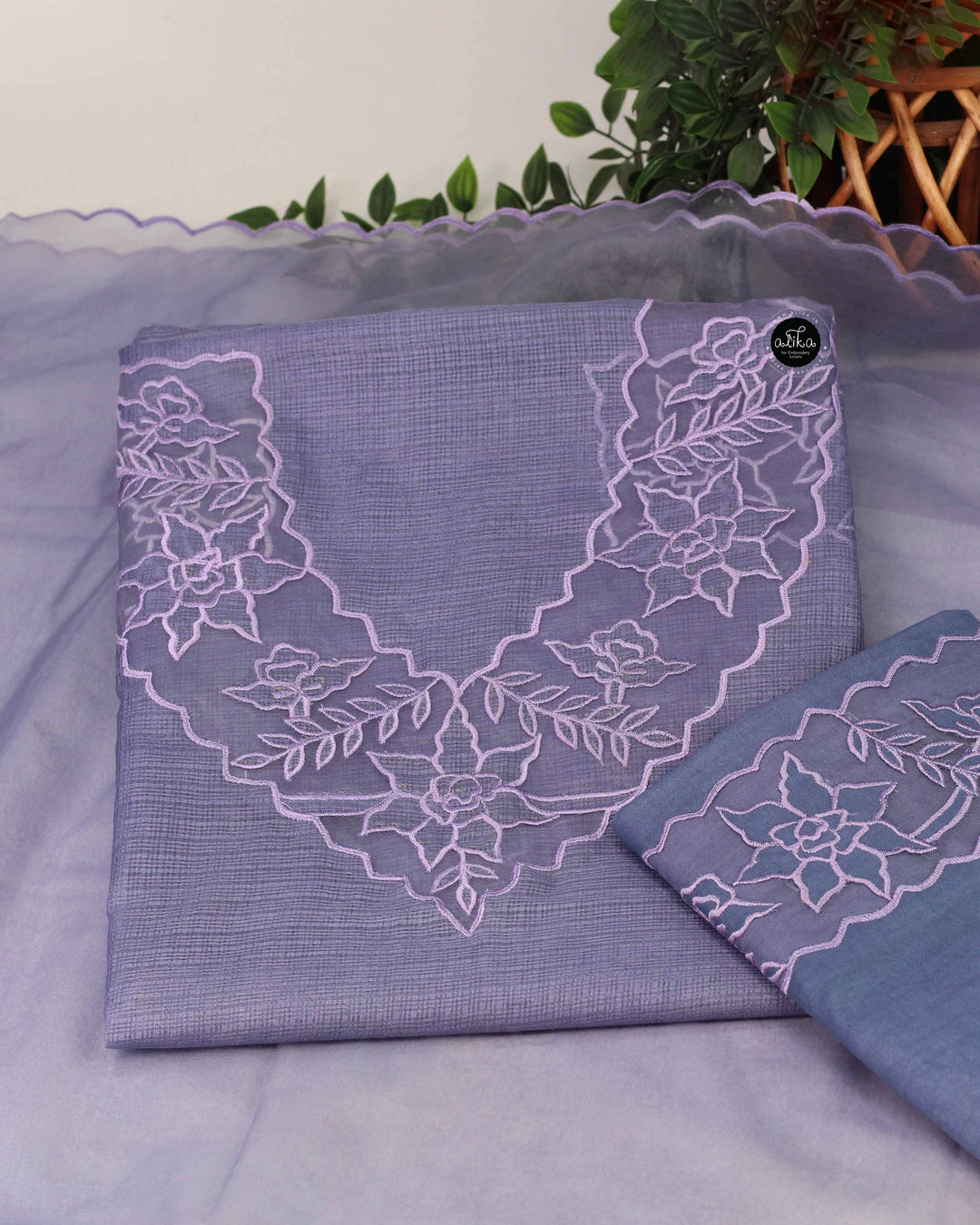 Gray Blue Silky Kota Unstitched Salwar Suit Set with Appliqué Work on Neck &amp; Sleeves