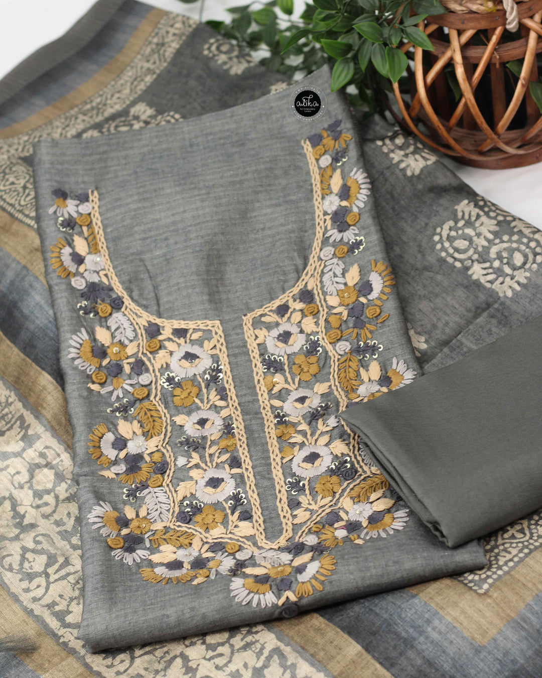 Charcoal Gray Semi Silk Unstitched Salwar Set with Floral Hand Embroidery