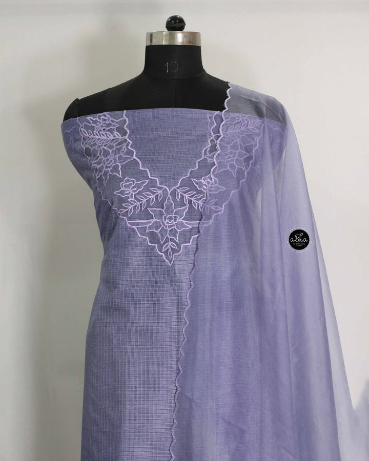 Gray Blue Silky Kota Unstitched Salwar Suit Set with Appliqué Work on Neck &amp; Sleeves