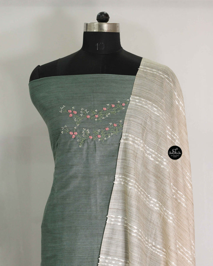 Sage Green Bamboo Silk Unstitched Salwar Set with Floral Hand Embroidery on the neckline and sleeves