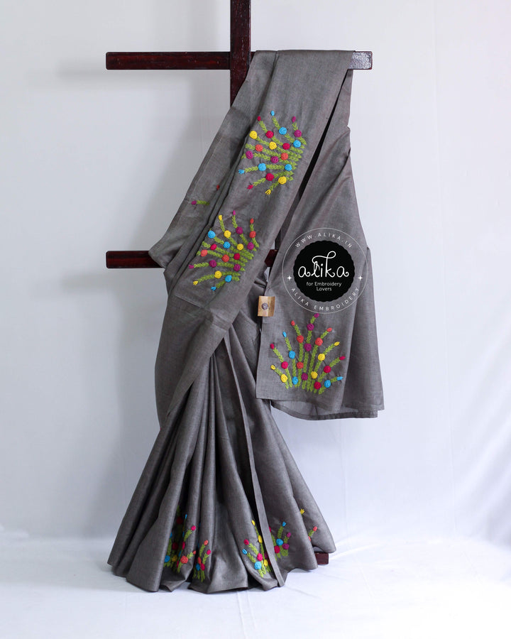 Grey Semi-Silk Saree with Bullion Hand Embroidery