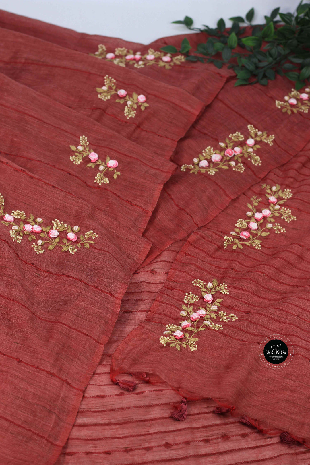 Maroon Bamboo Silk Saree With Floral Hand Embroidery