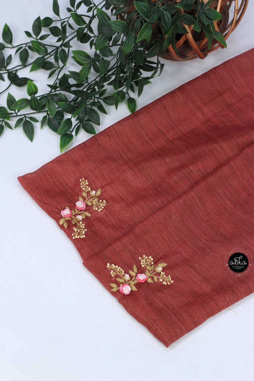 Maroon Bamboo Silk Saree With Floral Hand Embroidery