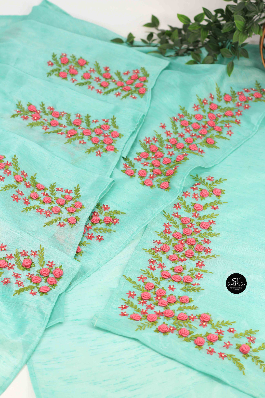 Turquoise Blue Designer Silk Saree with Floral Hand Embroidery