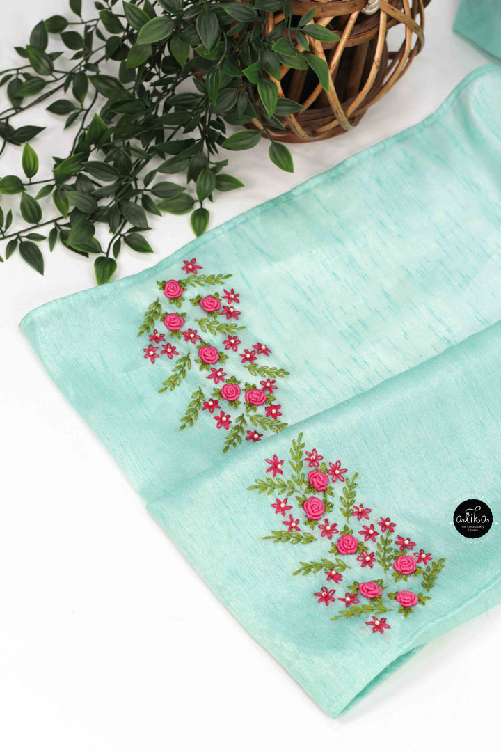 Turquoise Blue Designer Silk Saree with Floral Hand Embroidery