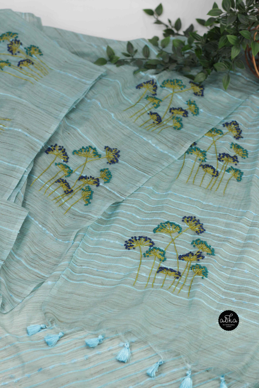 Sea Blue Bamboo Silk Saree with Floral Hand Embroidery
