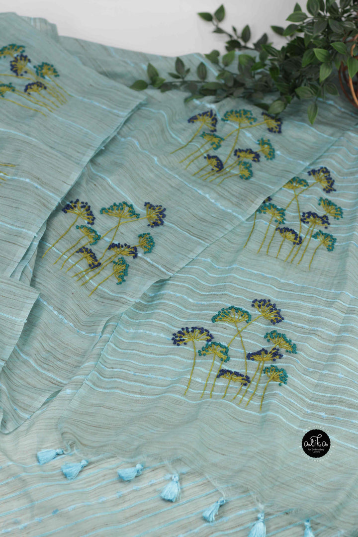 Sea Blue Bamboo Silk Saree with Floral Hand Embroidery