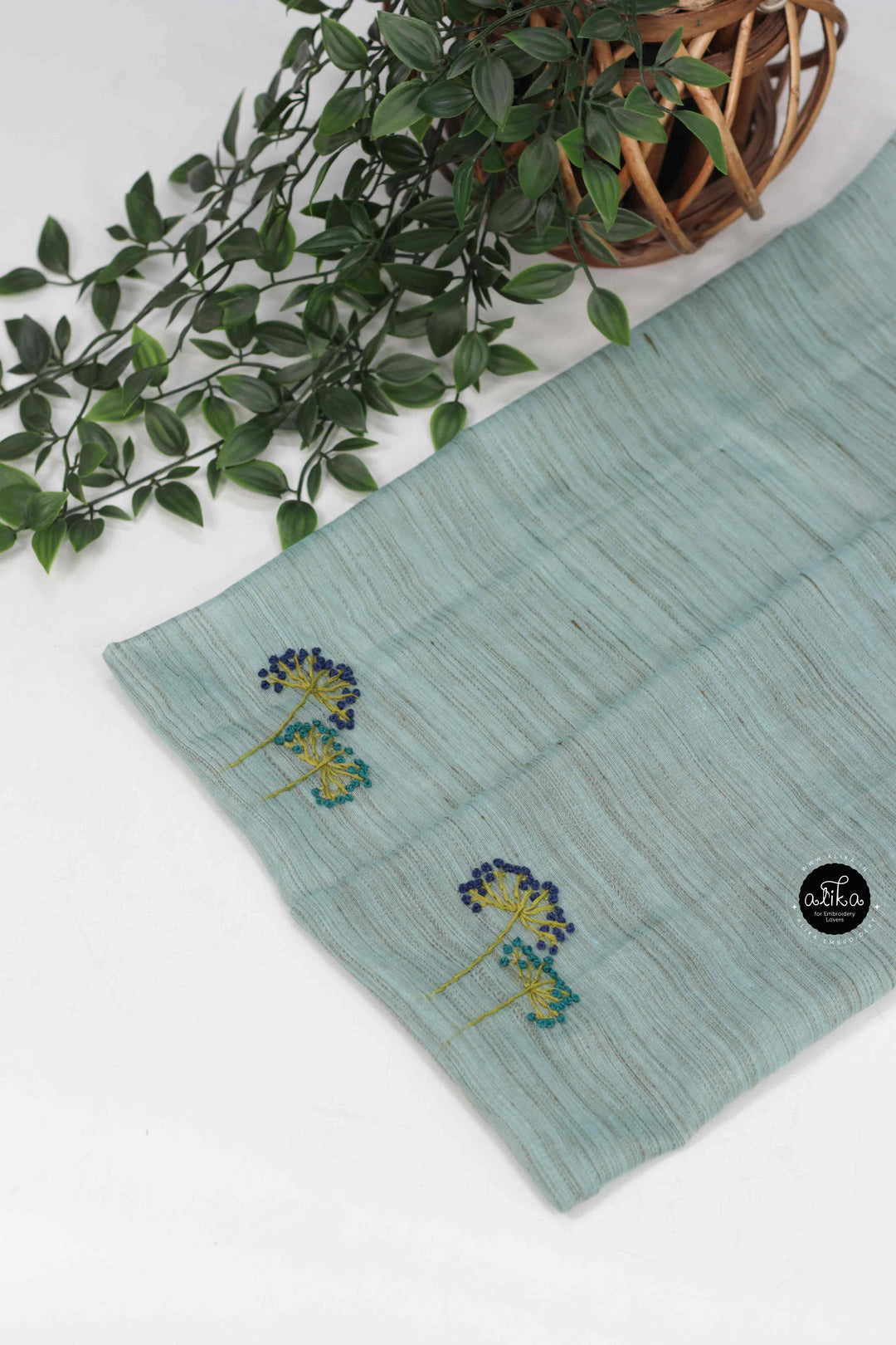 Sea Blue Bamboo Silk Saree with Floral Hand Embroidery