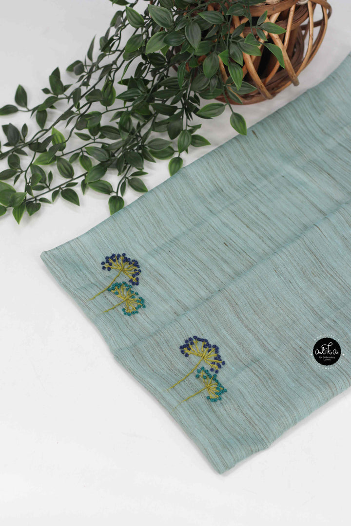 Sea Blue Bamboo Silk Saree with Floral Hand Embroidery