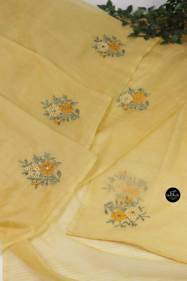 Pastel Yellow Synthetic Kota Saree with  Floral Hand Embroidery &amp; Mirror Work