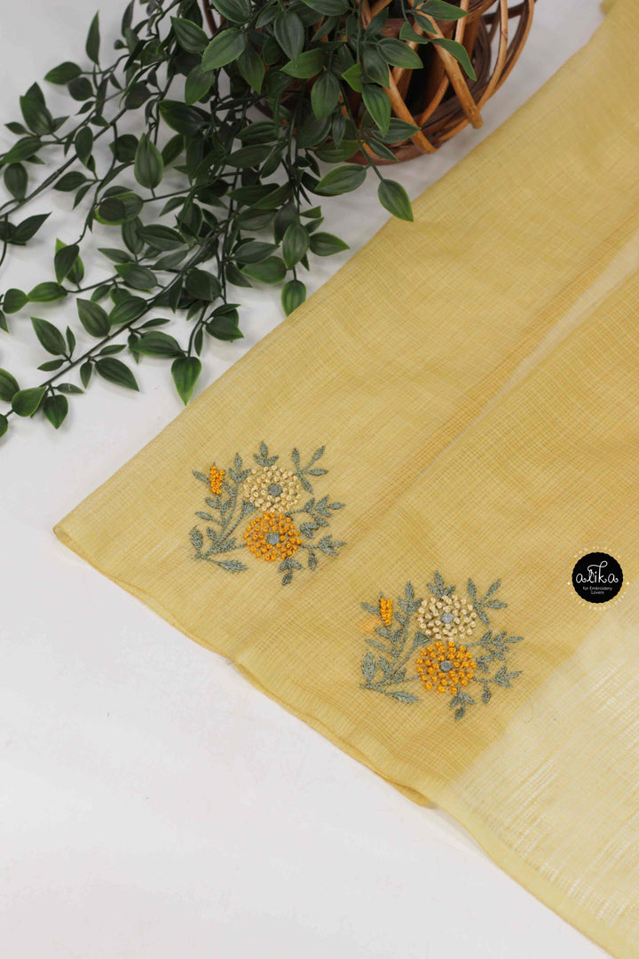 Pastel Yellow Synthetic Kota Saree with  Floral Hand Embroidery &amp; Mirror Work