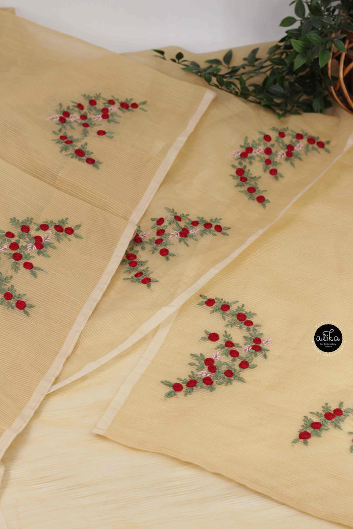 Sandal Colour Kota Saree with Floral Hand Embroidery