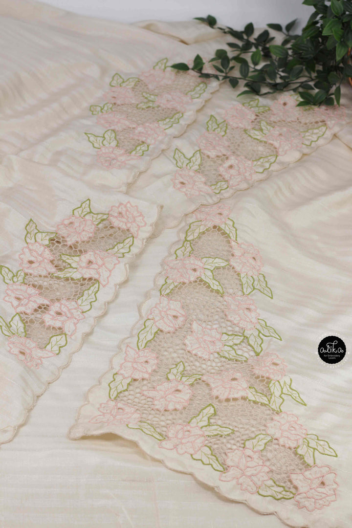 Cream Designer Silk Saree with Floral Twine Cutwork