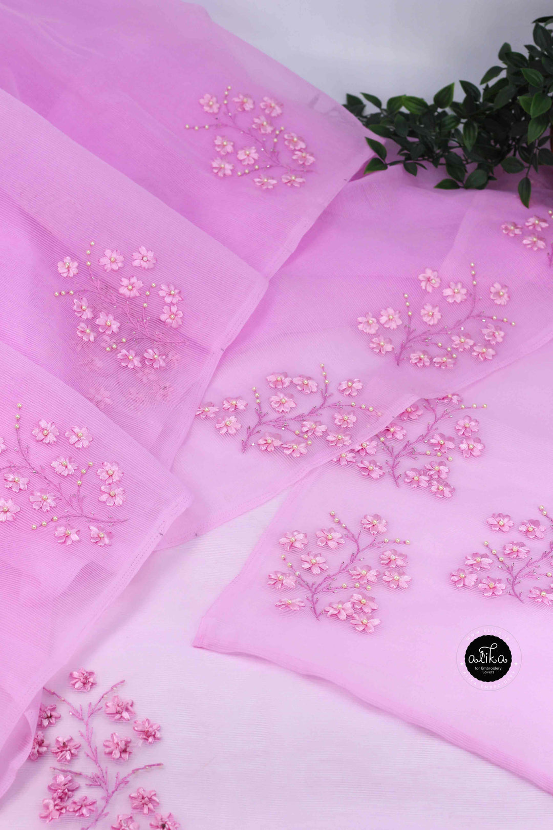Light Pink Kota Saree With Floral Ribbon &amp; Bead Work