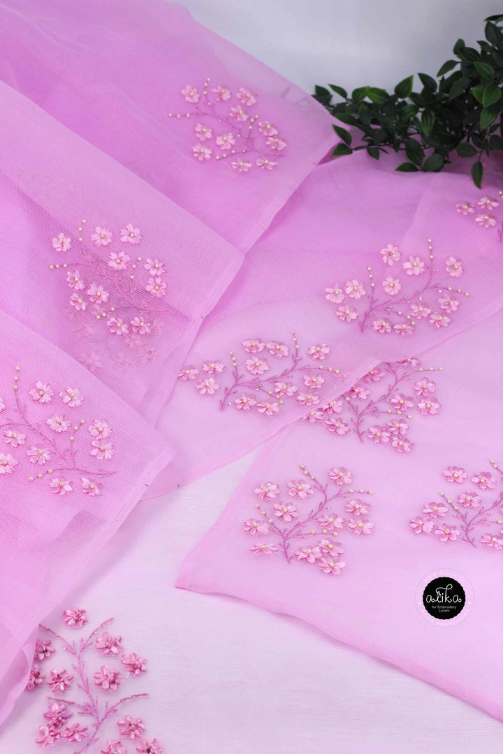 Light Pink Kota Saree With Floral Ribbon &amp; Bead Work