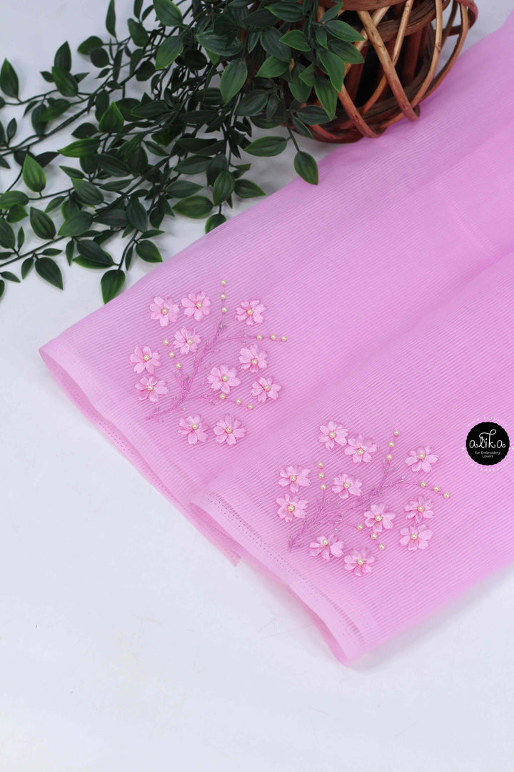 Light Pink Kota Saree With Floral Ribbon &amp; Bead Work
