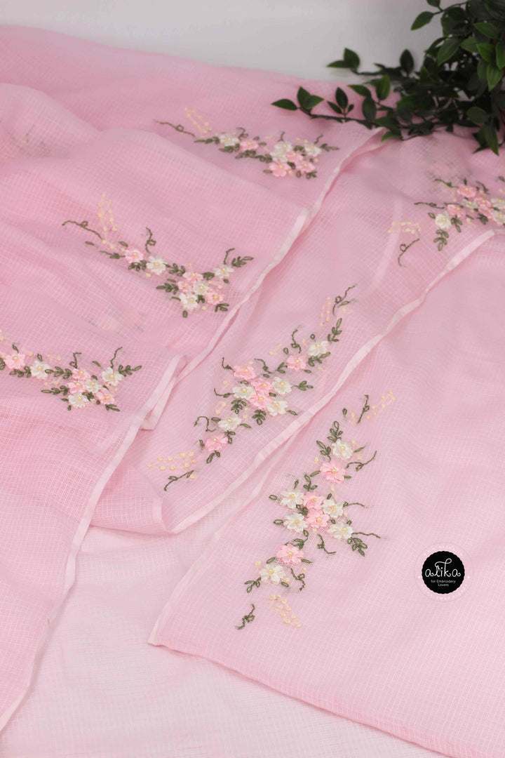 Baby Pink Cotton Kota Saree with Floral Ribbon &amp; Bead Work