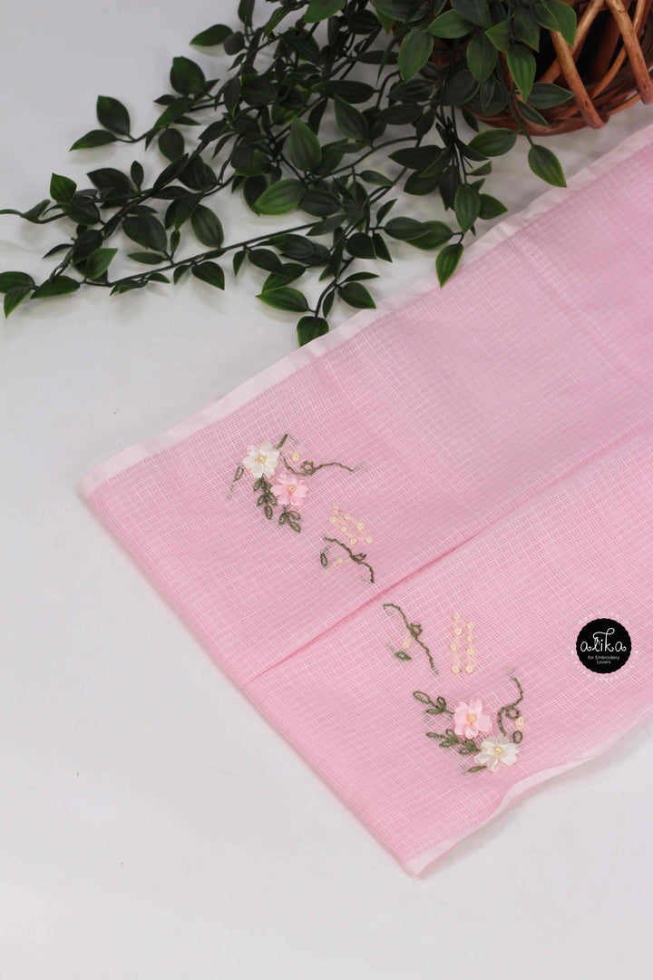Baby Pink Cotton Kota Saree with Floral Ribbon &amp; Bead Work