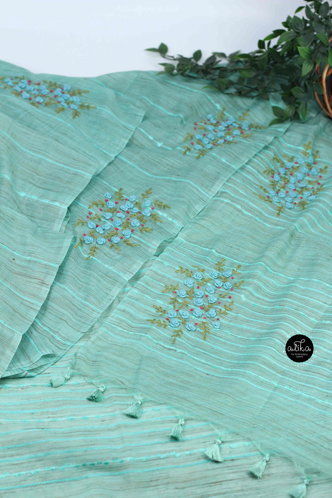 Sea Blue Bamboo Silk Saree with Floral Hand Embroidery