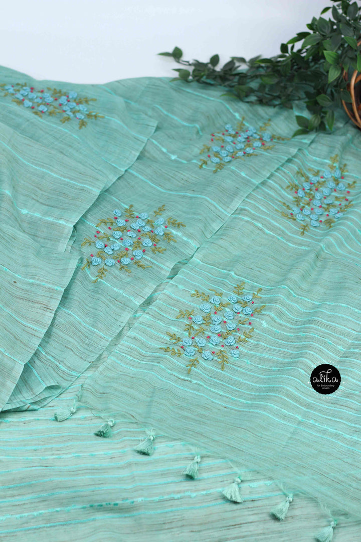 Sea Blue Bamboo Silk Saree with Floral Hand Embroidery