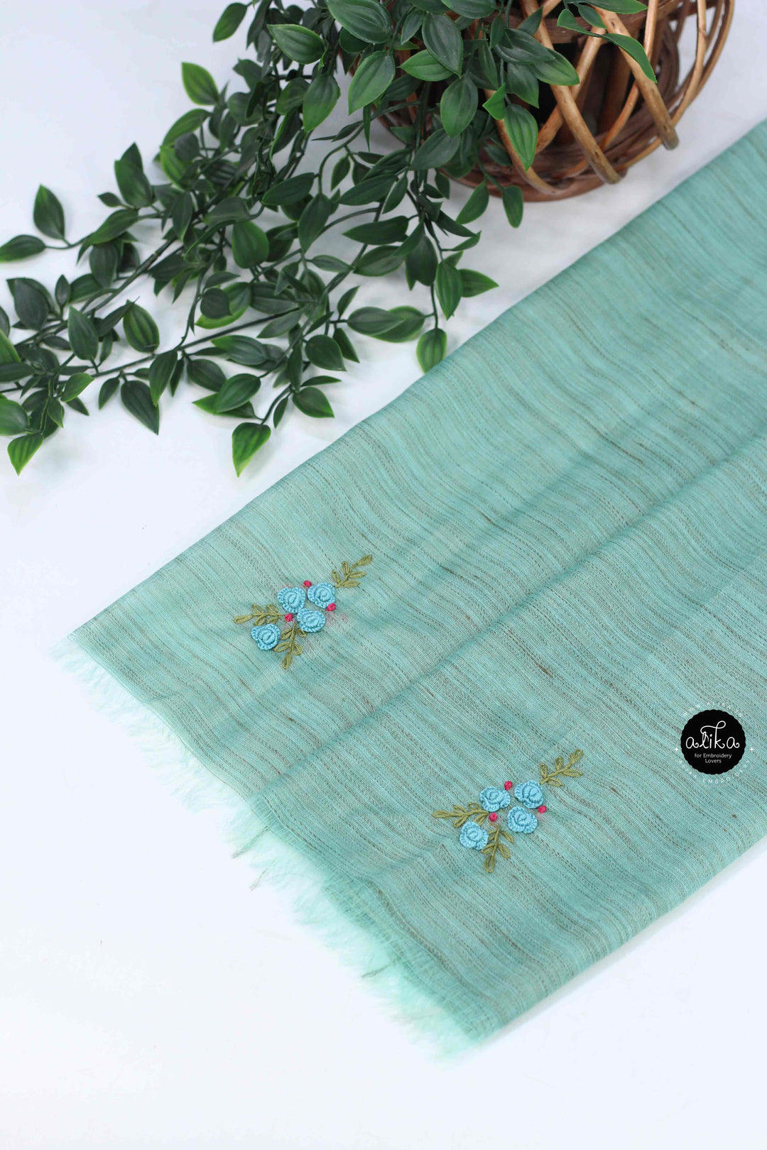Sea Blue Bamboo Silk Saree with Floral Hand Embroidery